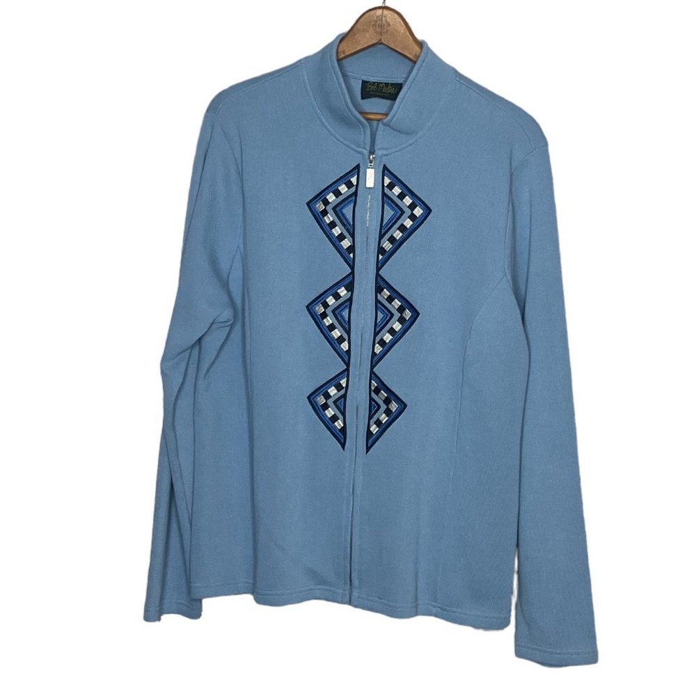 Bob Mackie Wearable Art XL Light Blue Embroidered Full Zip Cotton Blend Sweater